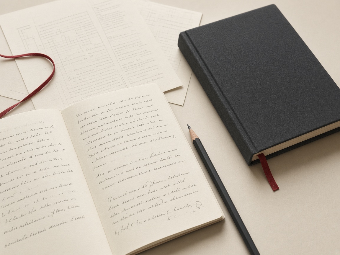 Tavolo di lavoro con manoscritto, taccuino e macchina da scrivere
